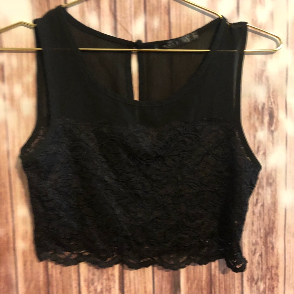 Black lace sheer crop top high neckline